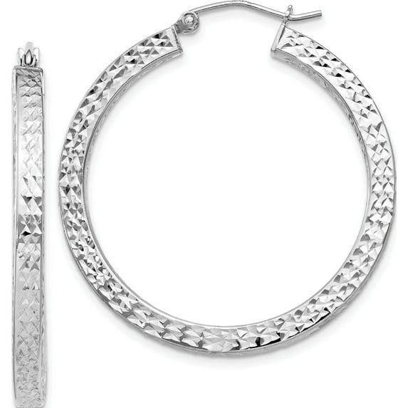 Sterling Silver Rhodium-Plated Diamond-Cut 3X35mm Square Tube Hoop Earrings (34 X 34) Made In Mexico qe8136