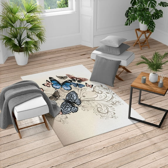 Butterfly Turkish Area Rug, Monarch Butterflies Vintage Damask Inspired Design, Soft Carpet for Living Room Decor with Distressed Look, 6.6' X 9.6', Sepia Rose, by Ambesonne