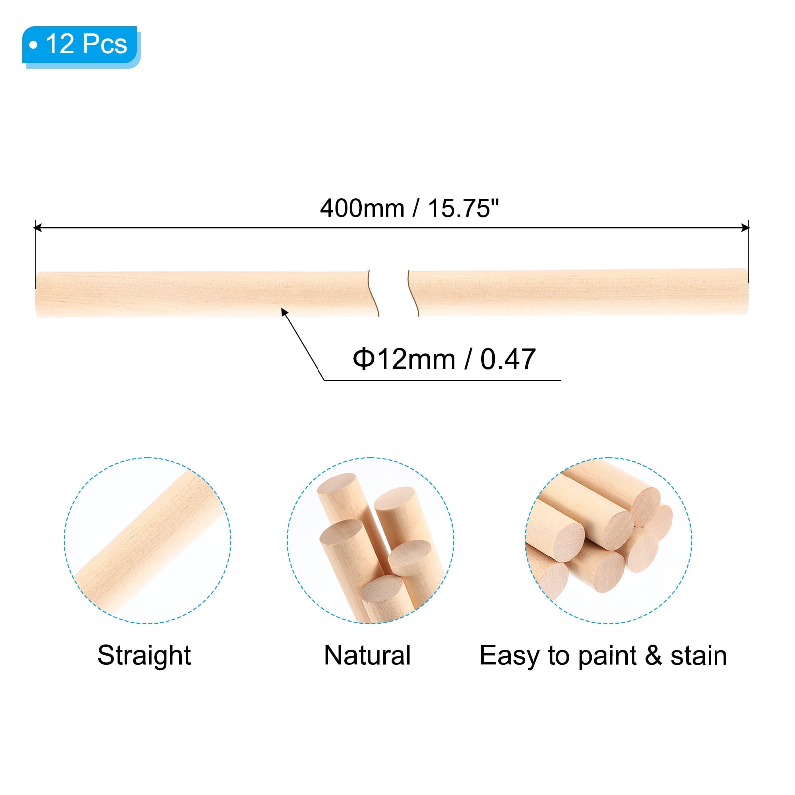 Uxcell 0.47x15.75 inch Wooden Dowel Rod Wood Dowels Wood Sticks Unfinished Round for Crafts DIY Home Decor 12 Pcs
