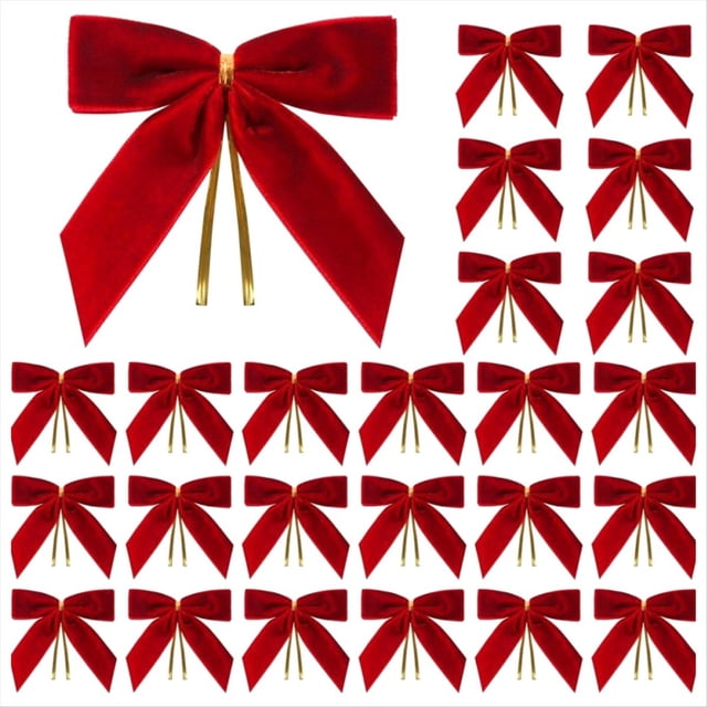 24 lazos navideños colgantes con lazo rojo para árbol de navidad set de 24 lazos rojos de terciopelo rústico, vista frontal con un lazo grande en la esquina superior izquierda y 23 lazos en cuadrícula; textura de terciopelo suave y cintas doradas colgantes, diseñados para adornar árboles, coronas, guirnaldas o envolver regalos; suelen usarse también para decorar paquetes festivos.