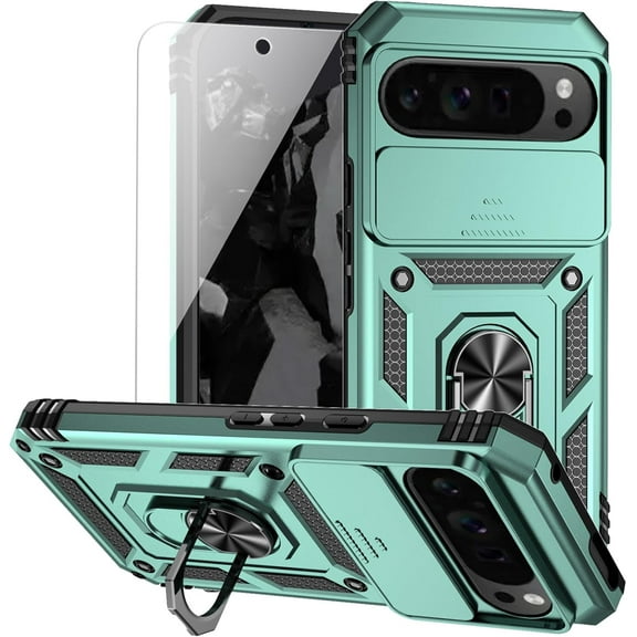 HCTian for Google Pixel 9 Pro XL Case with Camera Lens Cover HD Screen Protector, Dual Layer Military-Grade Drop Tested Magnetic Ring Holder Kickstand Protective Phone Case for Pixel 9 Pro XL