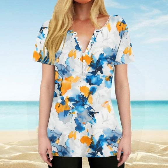 YOTAMI Plus Size Women's Tops - Floral Print Button V-Neck Graphic Tees for Trends Short Sleeve Summer Loose Clothes Blue, Sizes S-3X