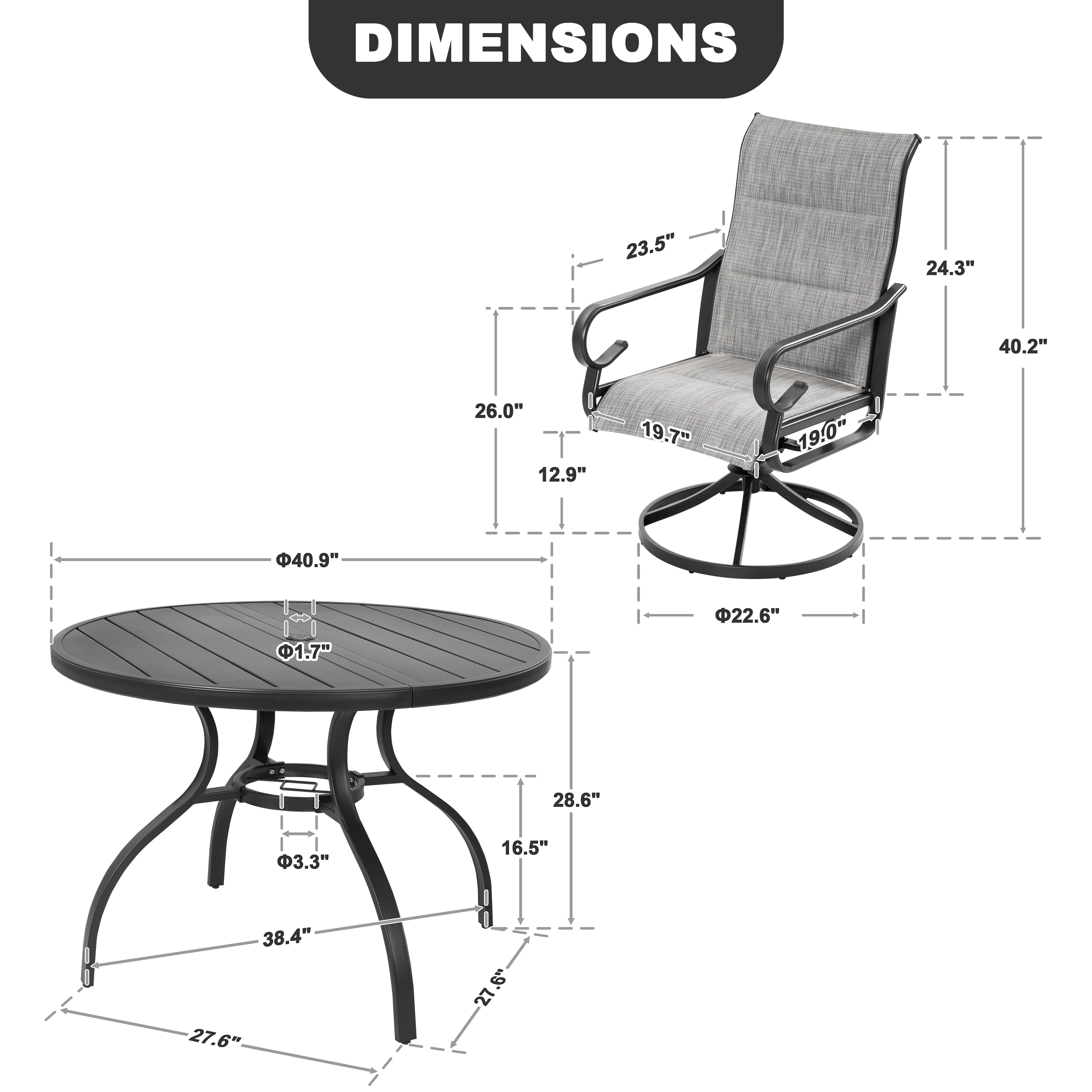 Nuu Garden 5-Piece Outdoor Dining Set, Padded Textilene Patio Table and Chair Set with Swivel Base, Outdoor Furniture Set with Umbrella Hole, Patio Dining Table Set for Garden, Backyard, Light Gray