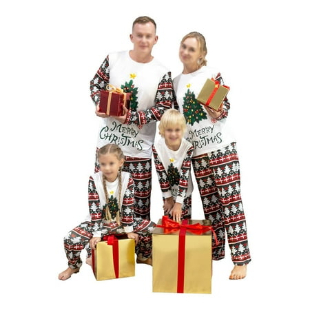 

Grianlook Women Men Kids Xmas Pjs Tree Print Nightwear Long Sleeve Elastic Waist Matching Family Pajamas Set Color Block Tops And Pants PJ Sets White Dad L