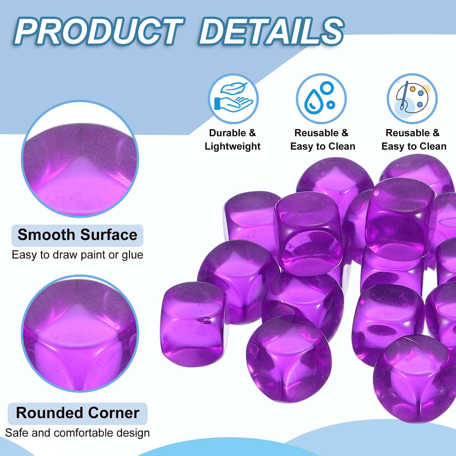 16 mm Clear Acrylic Dice Blank, 100 Pcs Rounded Corner Blank Dice with Smoothed Surface Six Sided for Board, Purple