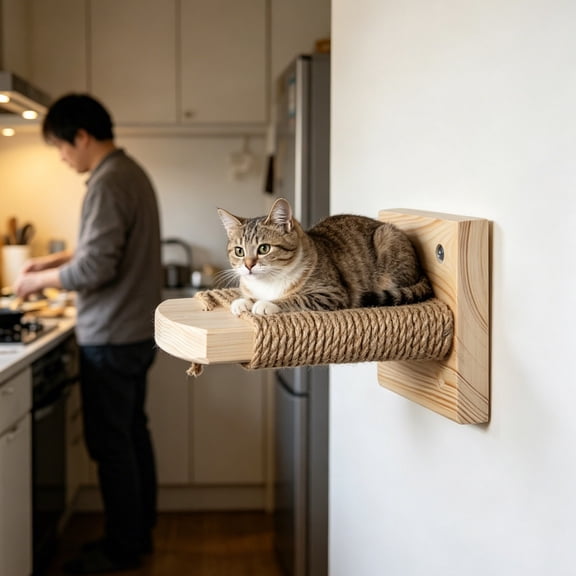 Wall-Mounted Cat Scratcher Cat Step Shelf with Sisal Scratcher Natural Wood Perch Space-Saving Cat Furniture for Climbing and Scratching Apartments and Small Homes