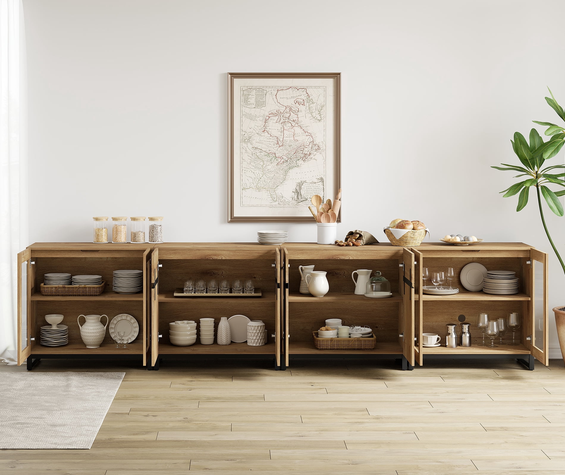 Modern 4-in-1 Storage Chest, Multifunctional Dresser with Glass Doors & Adjustable Shelves, Versatile Closet Organizer Cabinet for Bedroom Living Room,Oak