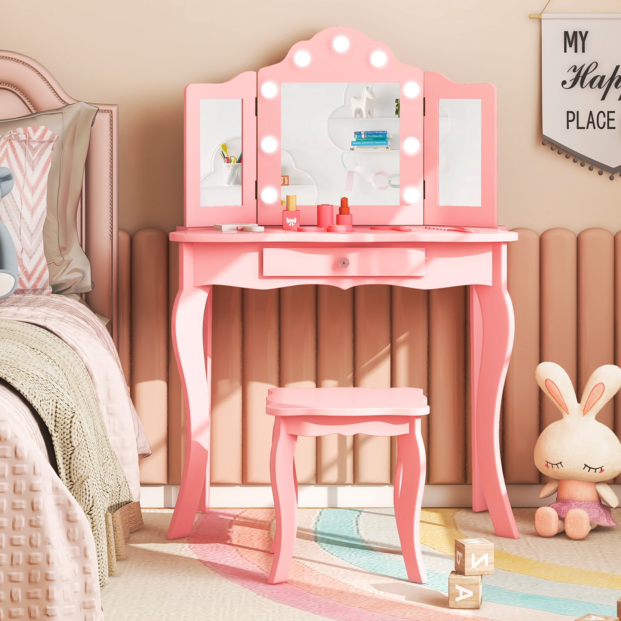 Costway Kid Vanity Table Stool Set Tri-Folding Mirror Adjustable 3-Color LED Lights Pink
