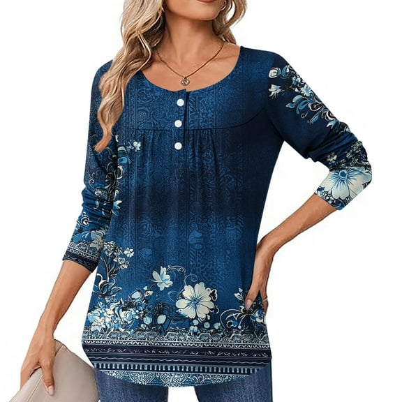 Craaazy Womens Long Sleeve Tops Casual Pleated Crew Neck Fall Tunic Tops Gifts Button Down Blouse Fashion Printing Loose T-Shirts