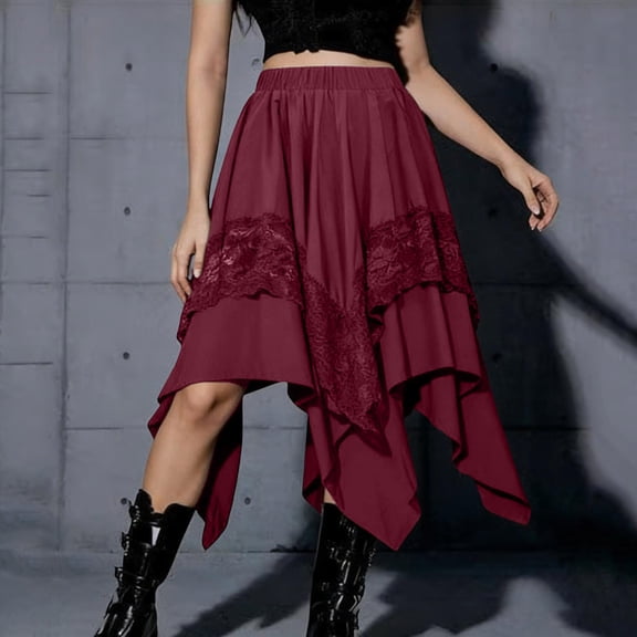 Gamivast Womens Gothic Skirt Asymmetrical Skirt Lace Skirt Midi Length High Waisted Elastic Waist Flowy Casual Party Renaissance Rave Cosplay Outfits