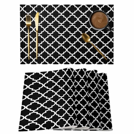 Black Morocco Placemats Set of 8 Cotton Linen Fabric Place Mats Boho Modern Minimalist Abstract Geometric Washable Decorative Table Mats Protector for Home Kitchen Dining Wedding Party Coffee Tables