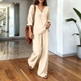 thumbnail image 3 of IUYRTFE Women V Neck 3/4 Sleeve Top and Elastic Waist Wide Leg Pants Set Casual Relaxed 2 Piece Lounge Outfit, 3 of 7