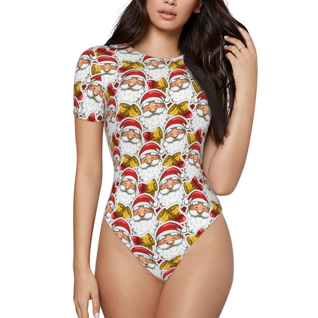 Balery Santa Claus bells Body de cuello redondo de manga corta para mujer Tops de manga corta Tops básicos-Medium