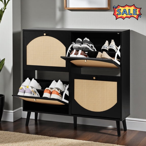Tcbosik Shoe Storage Cabinet with 4 Rattan Flip Drawers, Narrow Hidden Shoe Organizer Cabinet for Entryway, Hallway, Living Room, Black