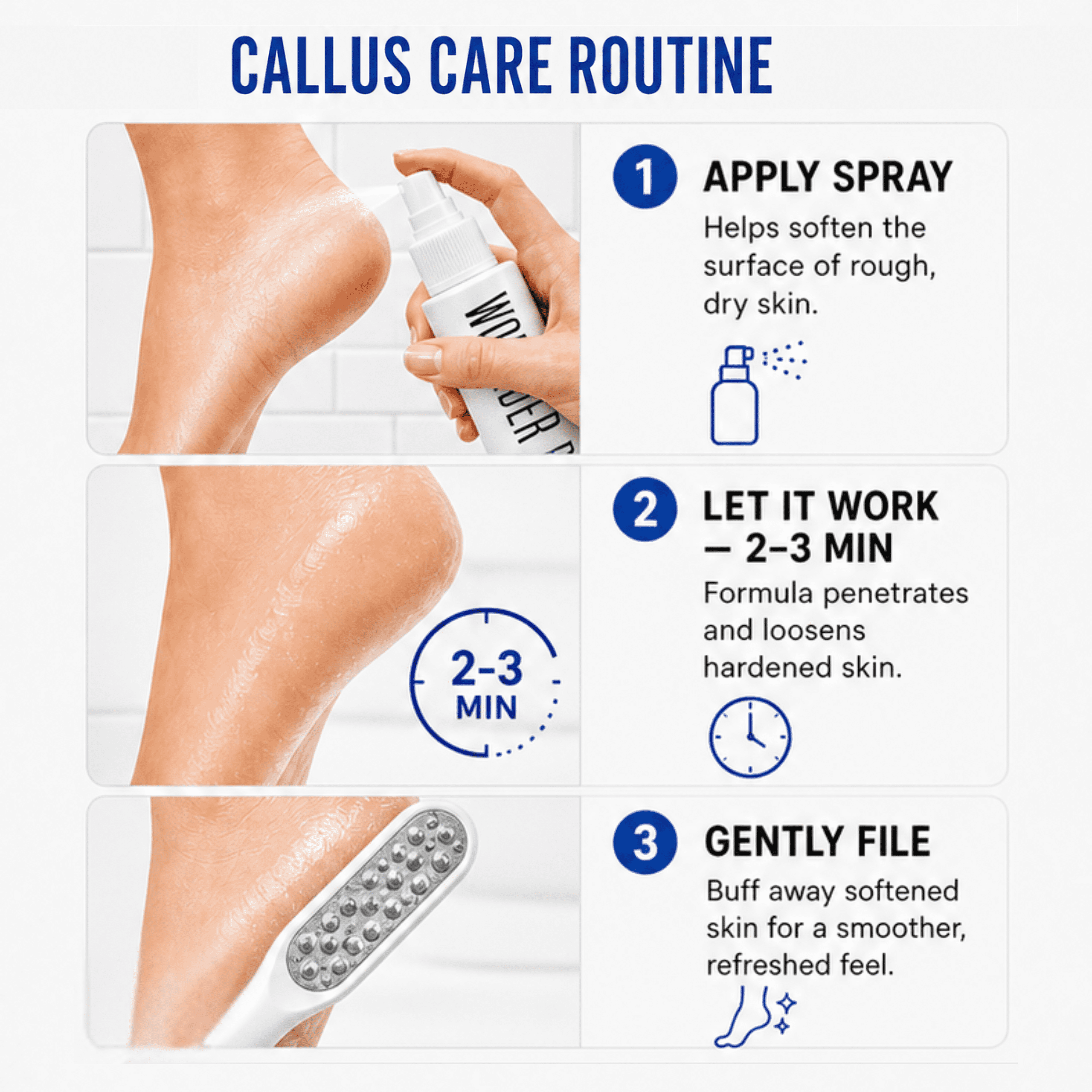 Callus Remover - Three Minutes Quick Fix- Foot File Rasp - Instant Foot Exfoliating Softener Peel Spray, Heels Callus Scrubber File - Home Spa Pedicure Treatment. Wonder Pedi
