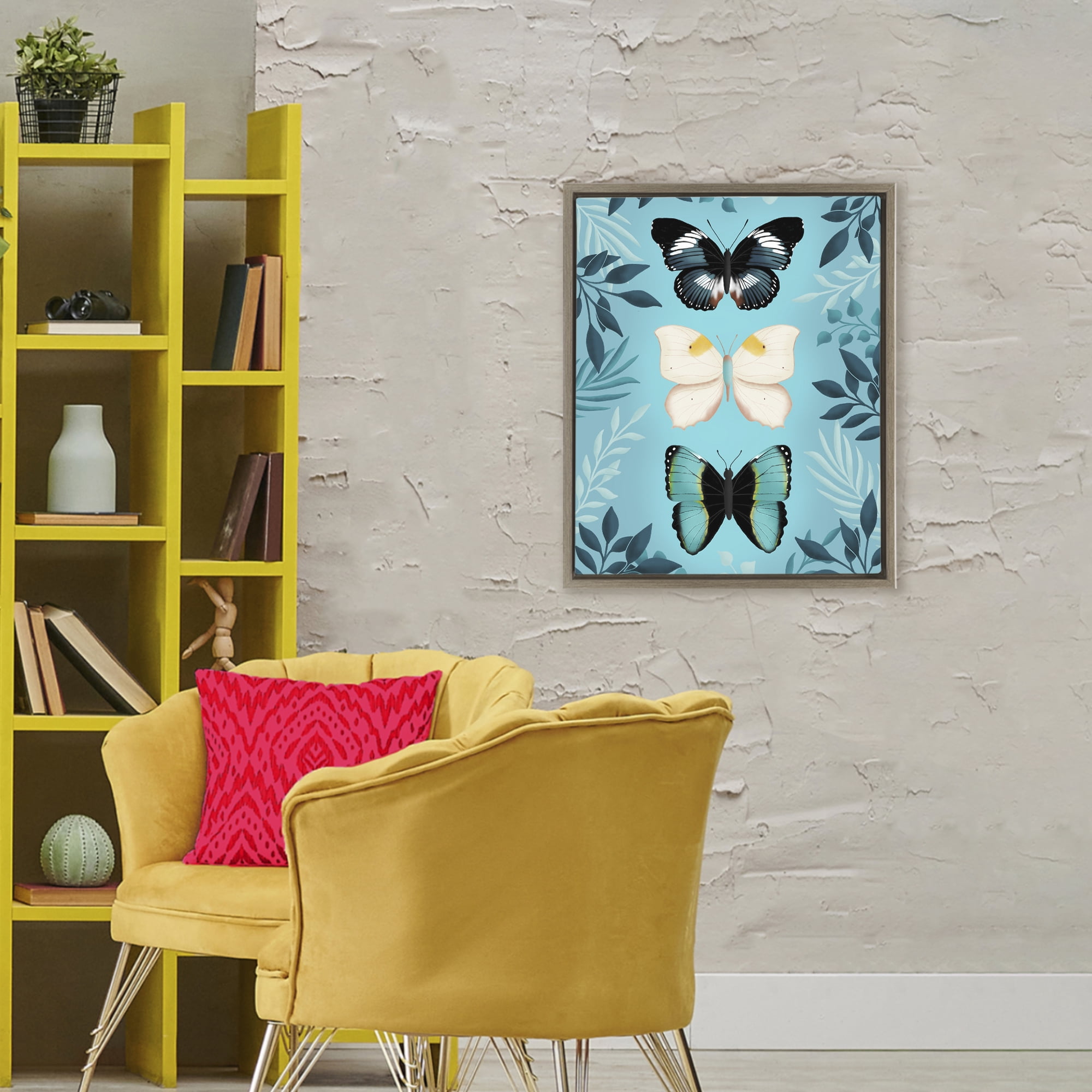 Stupell Industries Three Exotic Blue Butterflies Brown Framed Floater Canvas Wall Art, design by Metka Hiti