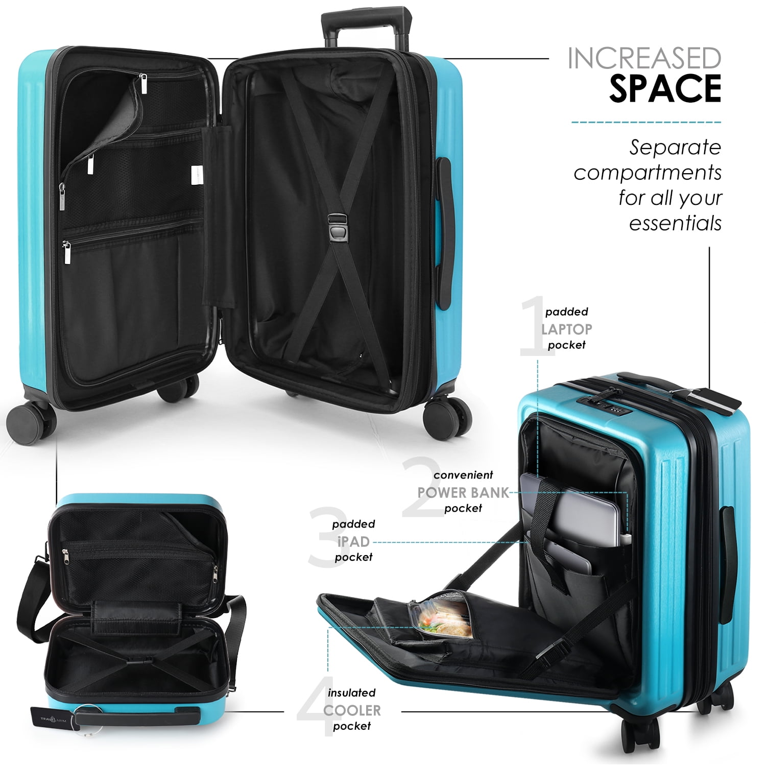 StorageBud 22" Hardside Carry On Luggage 22x14x9 Airline Approved and Expandable Luggage, Front Pocket Luggage Set Spinner Suitcase Set, Teal