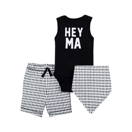 100% Organic Cotton Sleeveless Bodysuit, Shorts & Bandana Bib, 3pc Outfit Set (Baby Boys)