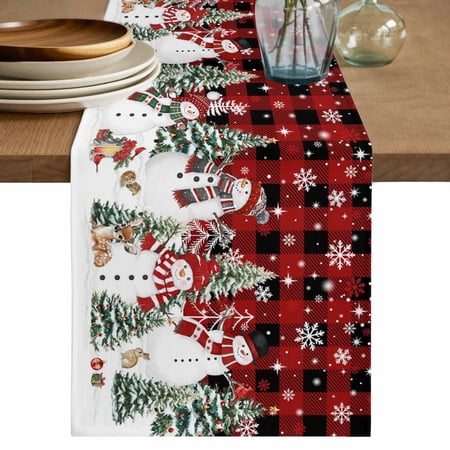 Red Plaid Christmas Table Runner 72 Inches Snowman Xmas Tree Snowflake Winter Bed Runner Dresser Scarves Tabletop for Indoor Outdoor Parties/Ceremony/Banquet 14 x 72