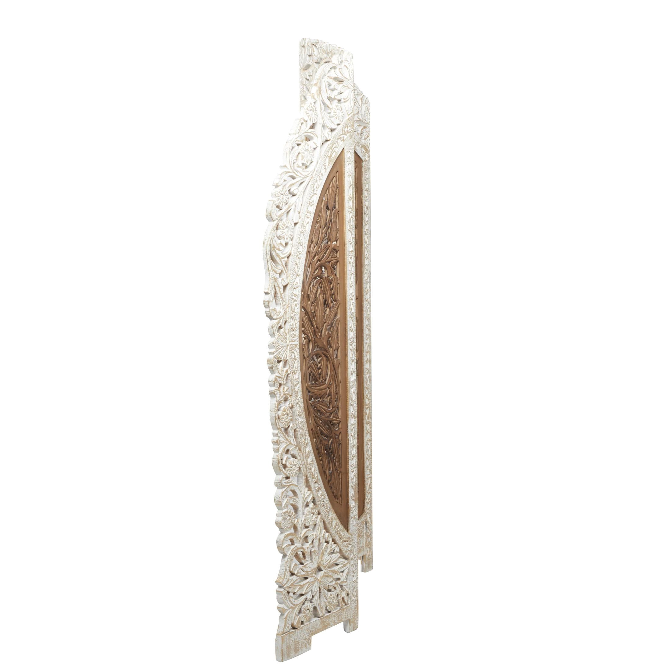 DecMode French Country Wood Foldable 4 Panel Room Divider Screen with Floral Carvings and Brown/White Distressed Finish, 62"W x 72"H