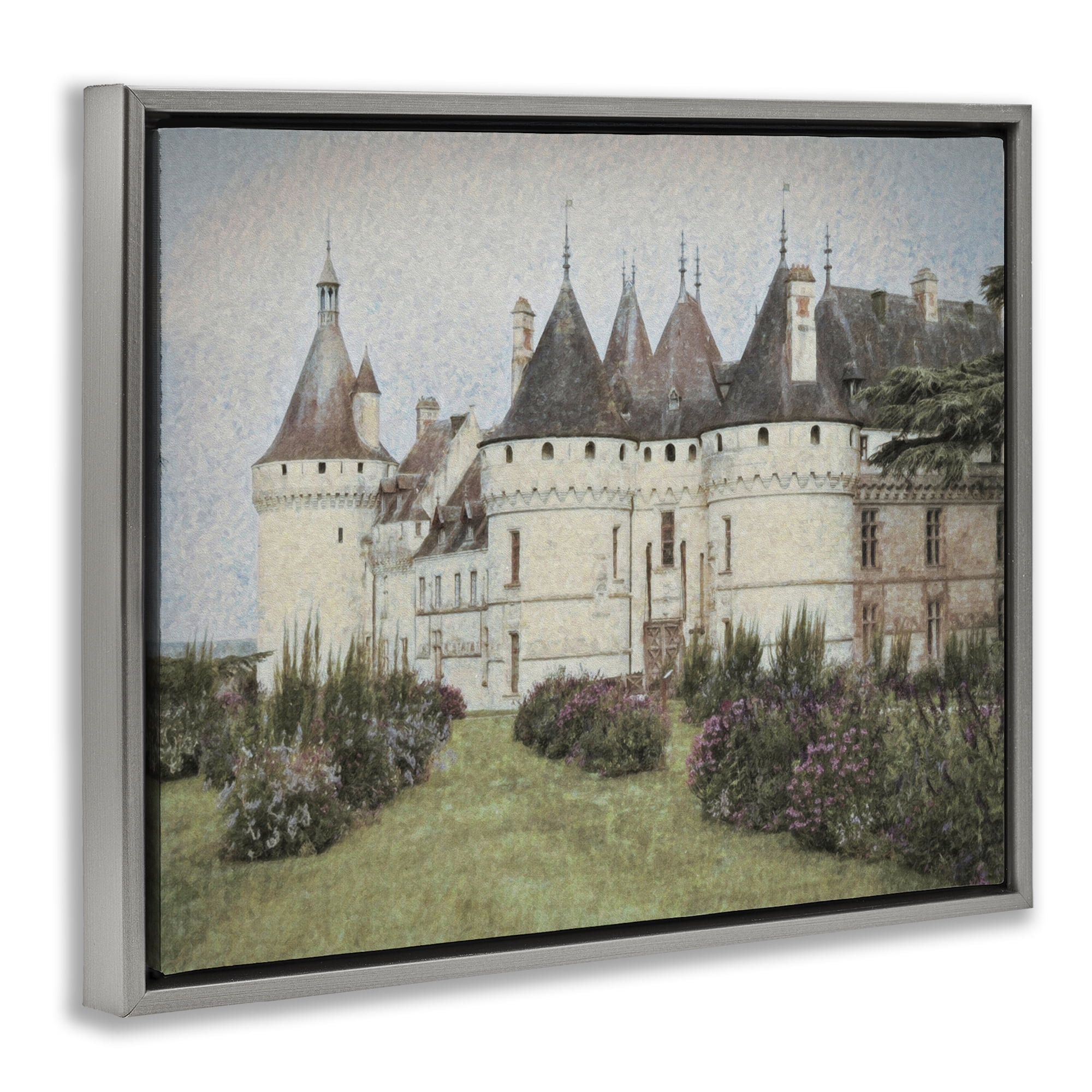 Stupell Industries French Castle Landmark Buildings & Architecture Painting Gray Floater Framed Canvas Art Print Wall Art, 21 x 17