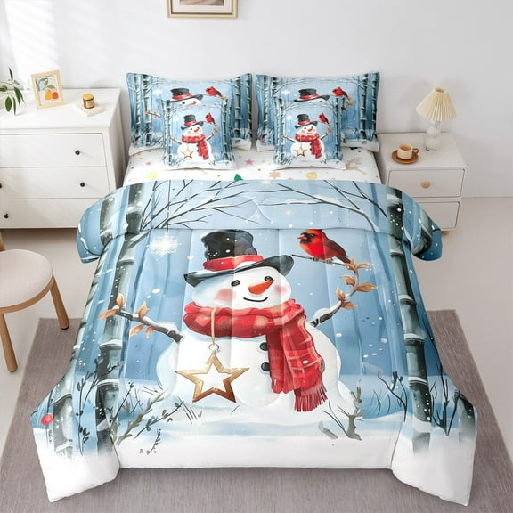 jejeloiu Kawaii Snowmen Twin Bedding Sets 7-Piece,Merry Christmas Bedding Comforter Set,Red White Blue Sheet Sets For Childrem,Ultra Soft Home Decor Reversible