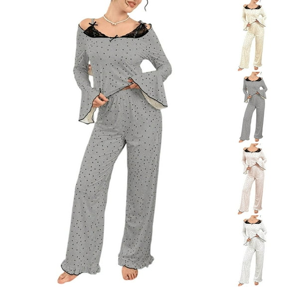 MGDXOX Lace Patchwork Pajamas for Women Set Soft 2 Piece Pjs Flare Long Sleeve and Ruffled Hem Pants Sleep Set Loungewear With Pocket Beige S