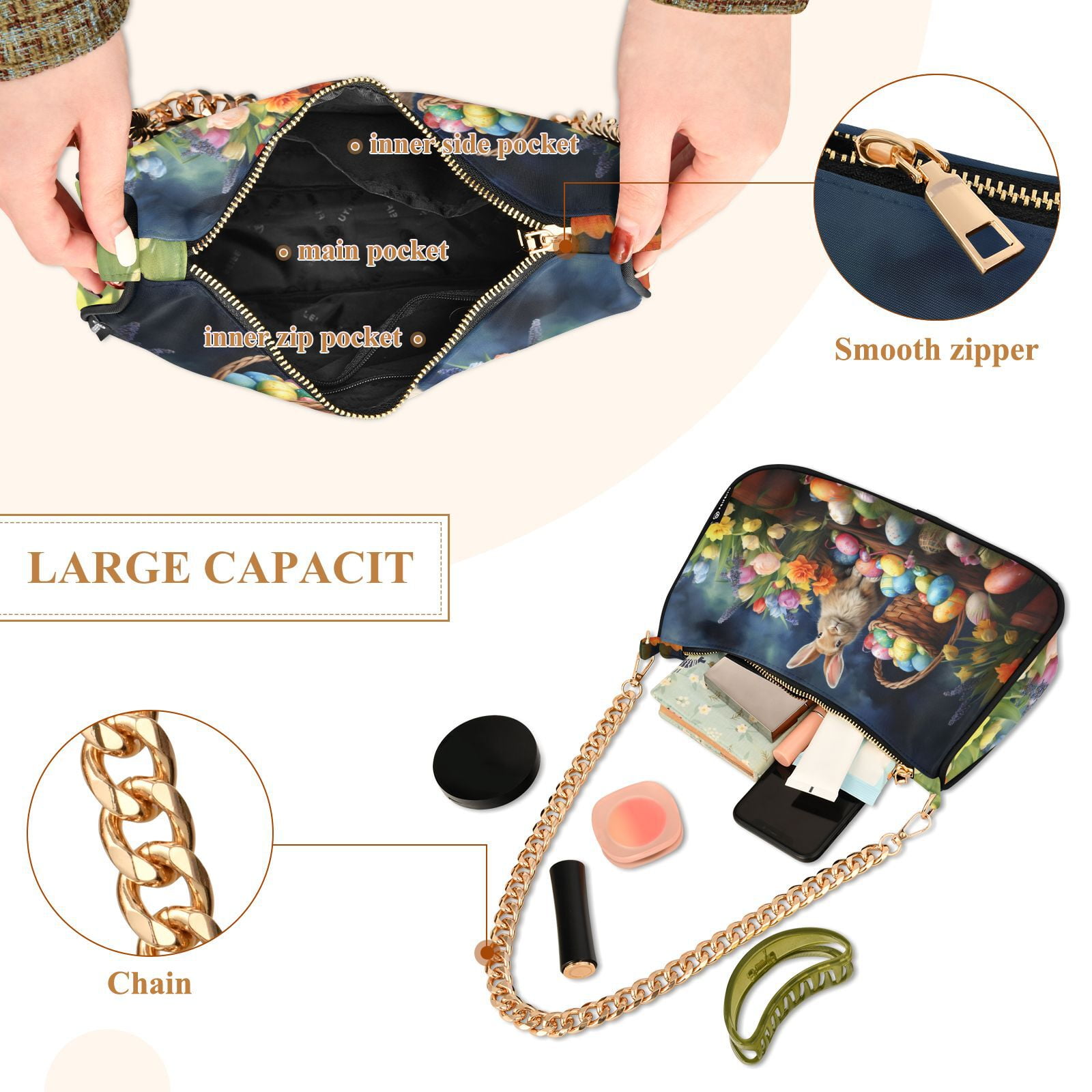 Rabbit Easter Eggs FlowersWomen Small Shoulder Bag Crossbody Tote Hobo Bags Purse Clutch Handbags with Chain Strap for Women