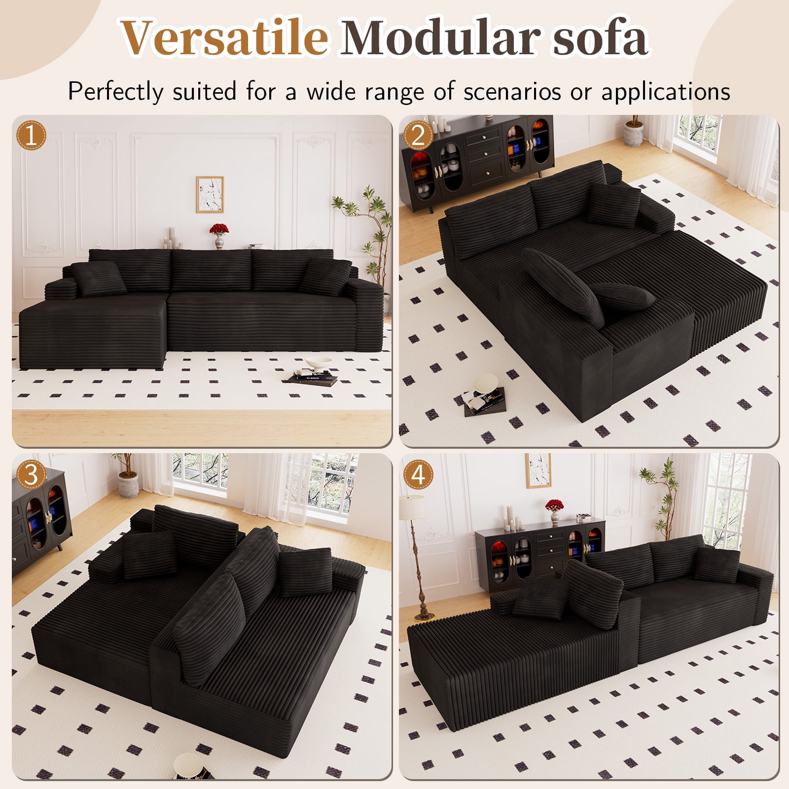 Lunale 105" Modular L-Shaped Sectional Sofa, Boneless Cloud Couch, No Assembly Required, Modern Deep Seat Corduroy Sofa for Living Room, Black (Left Facing Chaise)