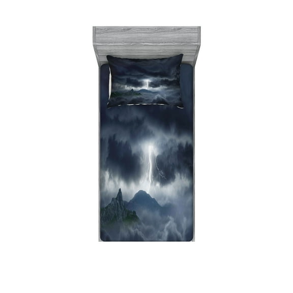 Ambesonne Blue Fitted Sheet & Pillow Sham Set, Stromy Sky over Mountains, Twin, Blue