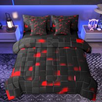 Homewish Neon Red Rectangle Twin Bedding Sets 7-Piece for Adult, Chic Abstract Ombre Bedding Comforter Set, Modern Honeycomb Reversible Sheet Sets, Breathable Home Decor