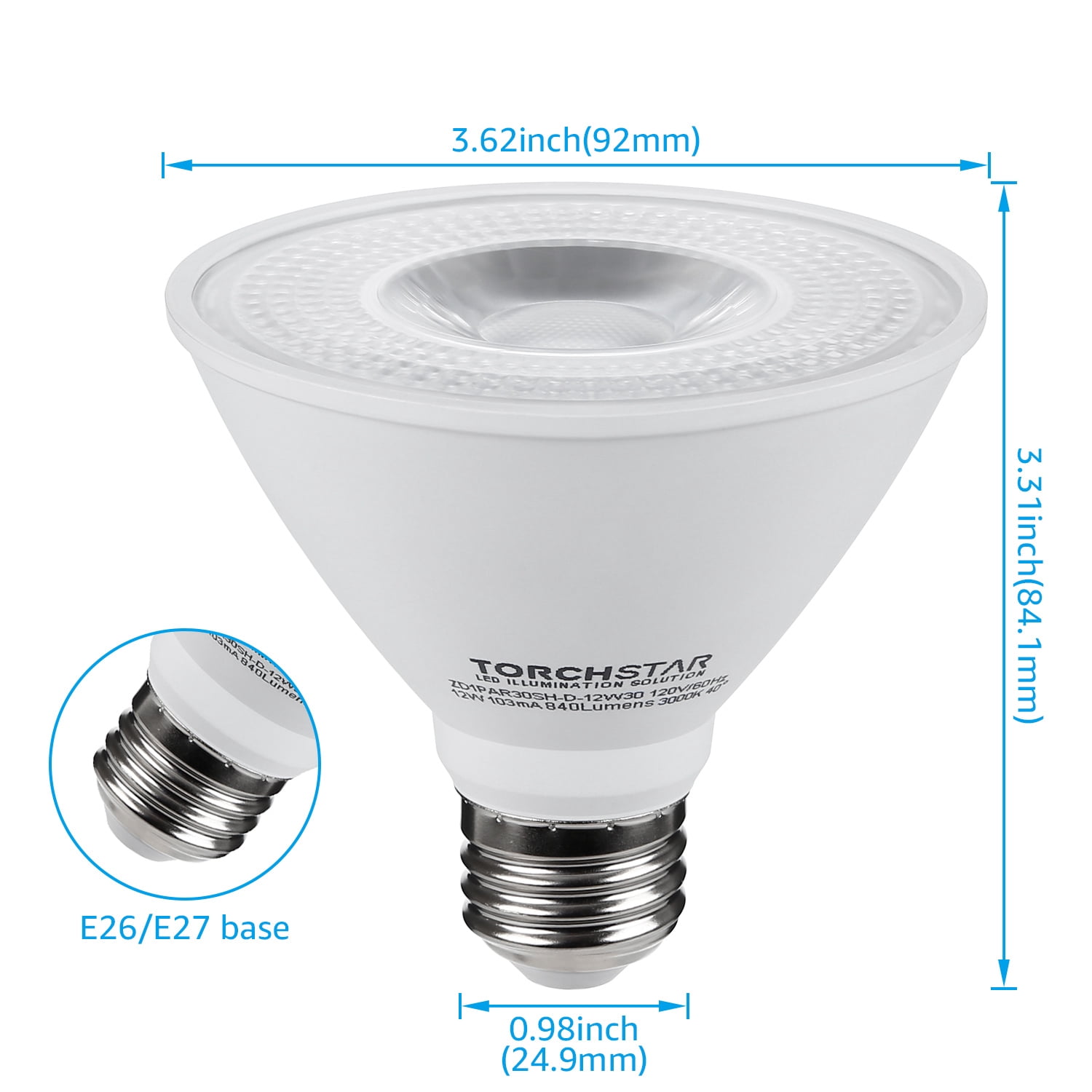 6 Pack PAR30 Short Neck LED Flood Light Bulb, Dimmable, 12W 75W Equiv., High CRI90+, 3000K Warm White, 840Lm, E26 Medium Screw Base, Energy Star & UL Listed LED Spotlight