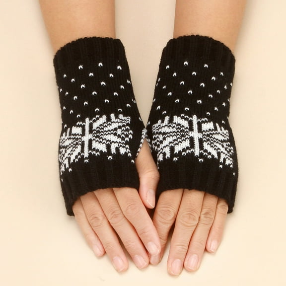 Dyfzdhu Women Fall Winter Snowflake Decorated Knit Warm Half Finger Gloves Black