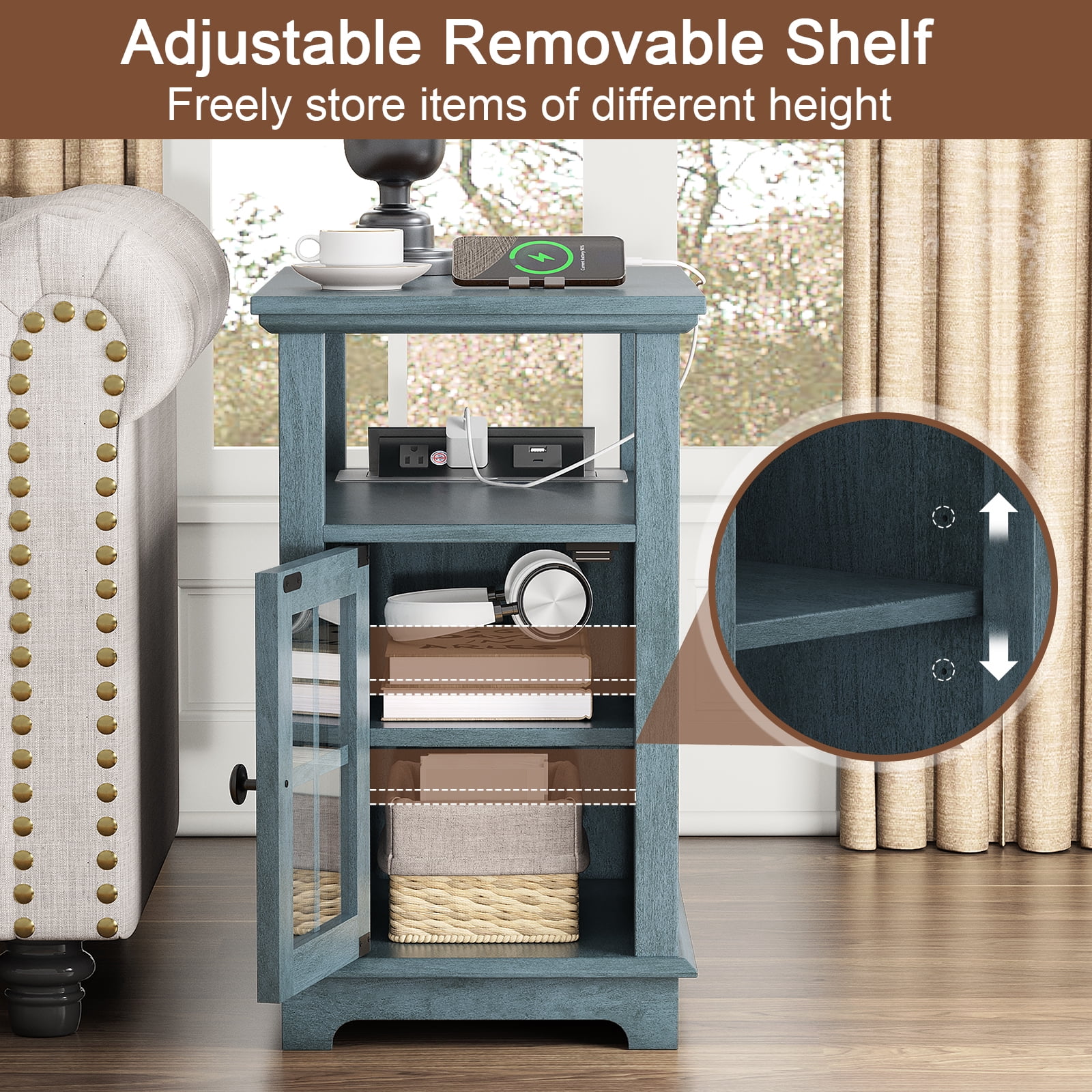 FAGAGA End Tables with Charging Station for Living Room, Wooden Nightstand for Bedroom, Blue