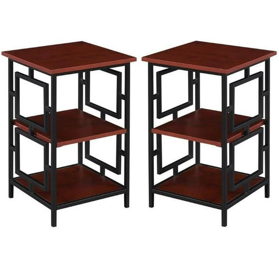 Home Square Black Metal Frame End Table in Cherry Wood Finish - Set of 2