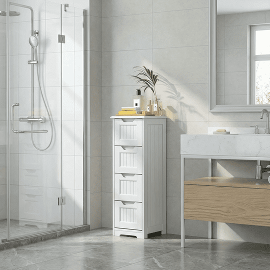 Aiho Wooden Bathroom Floor Cabinet, Side Storage Organizer with 4 Drawers - White