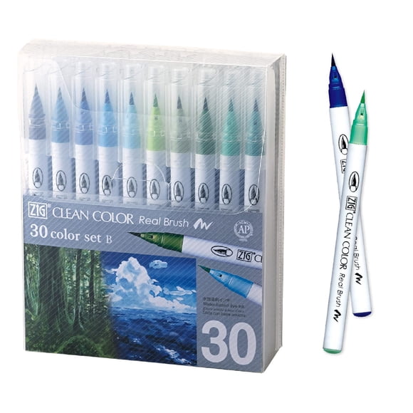 Kuretake ZIG Clean Color Pinceau Réel, Nouveau Ensemble de 30 Couleurs B, Pointes de Pinceau Flexibles, Stylos Aquarelle pour Peinture, Dessin, Calligraphie et Lettrage au Pinceau