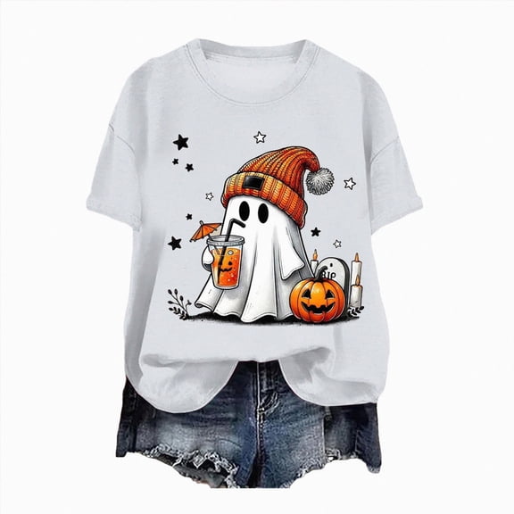TOWED22 Women Fall Halloween Shirt Novelty Spooky Coffee Print Graphic Tees Pumpkin Thanksgiving Tops(White,L)