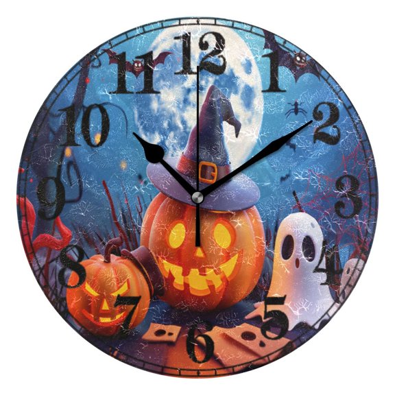 Halloween Pumpkins Bats Silent Wall Clock 10" Non-Ticking Battery Clock