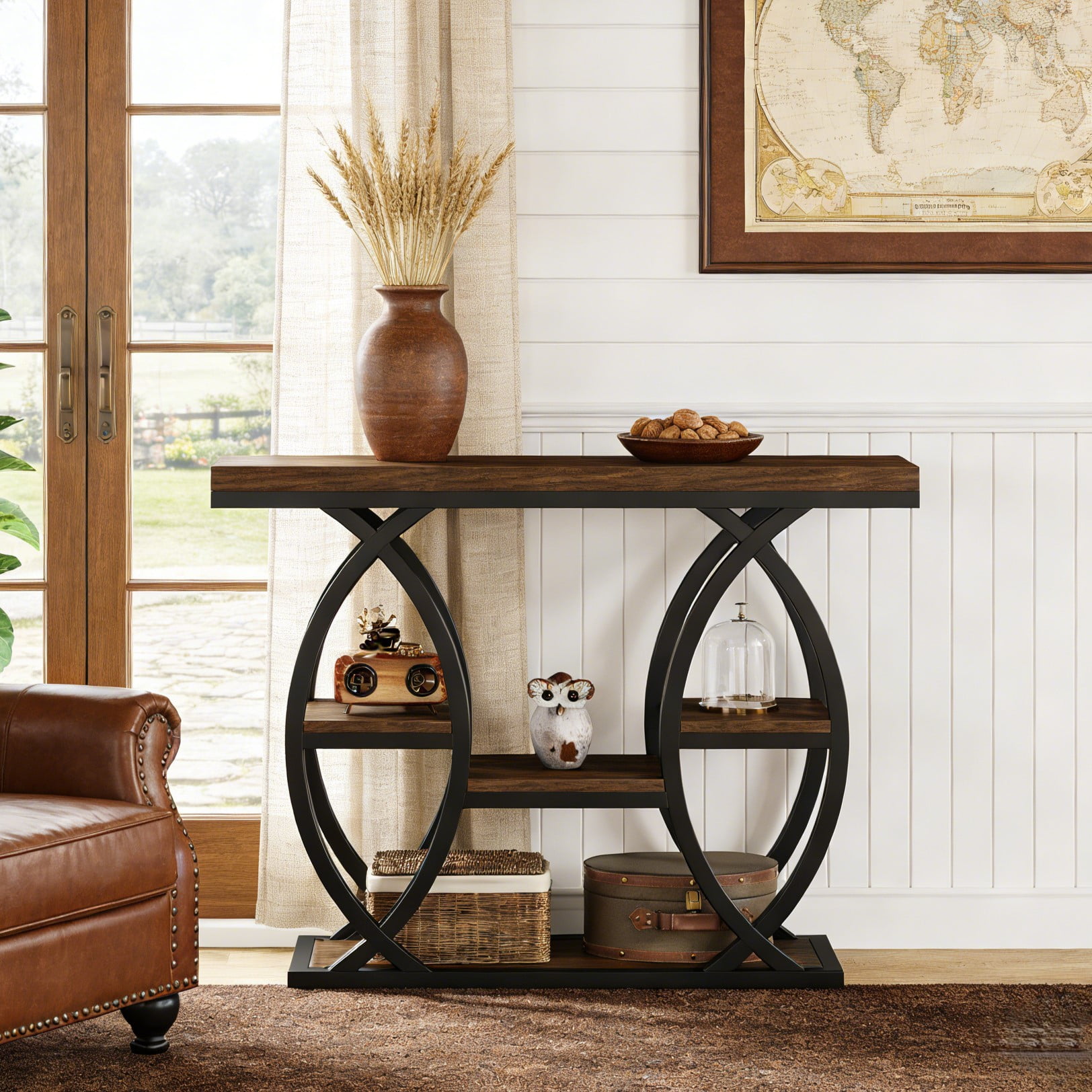 Fnova 39.4" Industrial Console Table, 4-Tier Retro Staggered Storage Shelves, Narrow Wood Accent Table with Metal Frame, for Small Spaces, Entryway, Sofa, Hallway