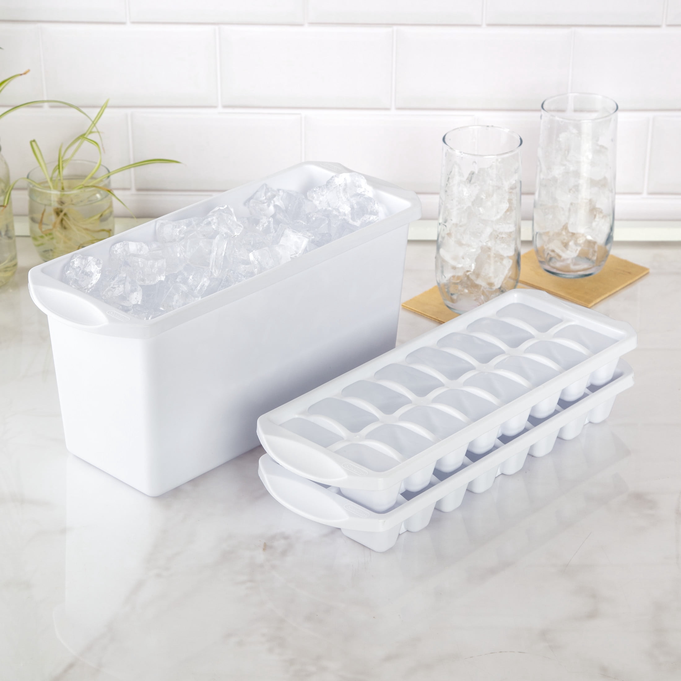 Mainstays Set of Two Stacking Ice Cube Trays, Freezer-Safe, Durable Food-Safe Plastic, BPA-Free, White