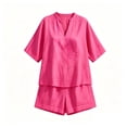 thumbnail image 4 of Womens Breathable Linen Outfit V-Neck Oversized T-Shirt with Shorts Loose Casual Summer Vacation Wear M, 4 of 5