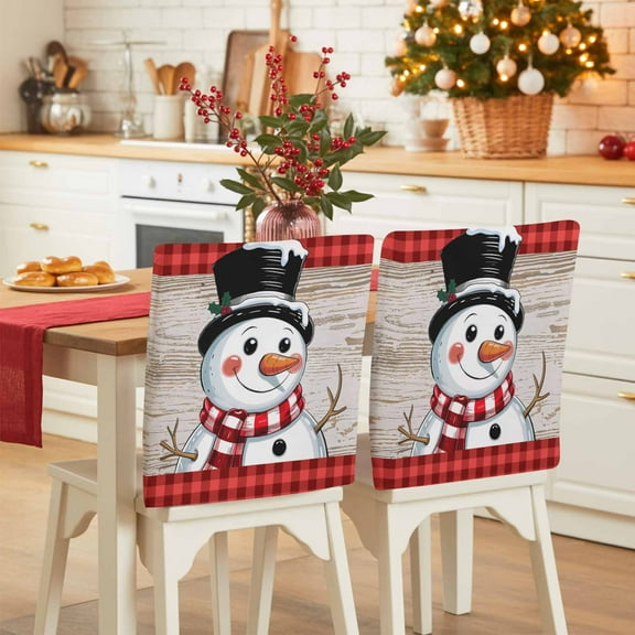 Cute Snowman Chair Covers Set of 1 Wood Grain Red Black Plaid Winter Christmas Chair Back Covers Stretch Removable Washable Slipcovers Protector for Dining Room Kitchen Party Decor