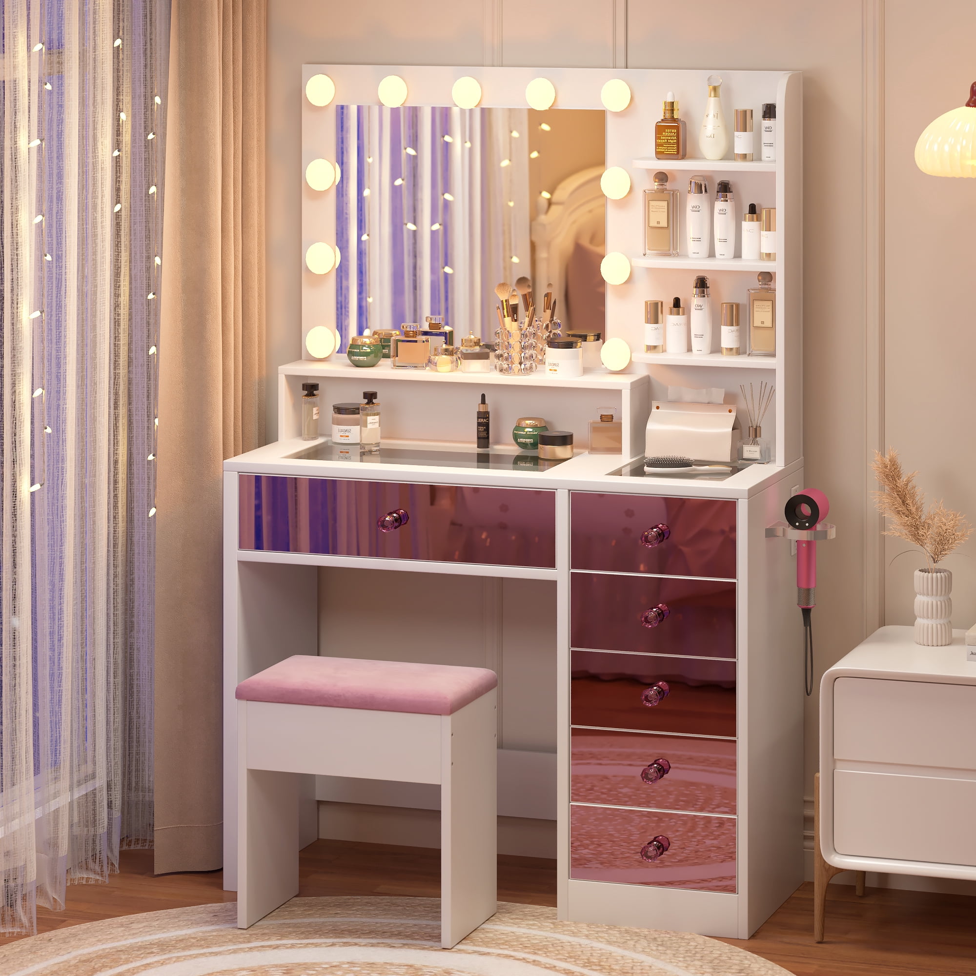 Mintazer Vanity Set with Hollywood Bulbs and Mirror, Dressing Table with 6 Drawers & Shelves and Cushioned Stool, Makeup Vanity Desk for Bedroom, Pink