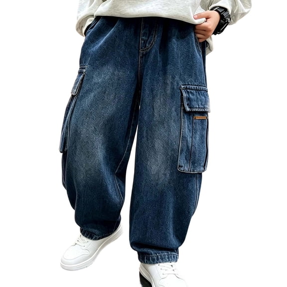 BLVB Boys Cargo Jeans Big Kids Baggy High Waist Wide Leg Denim Pants Fashion Streetwear with Pockets 5-15 Years(Dark Blue,14-15 Years)