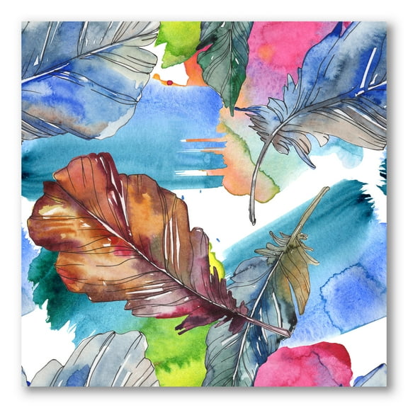 Designart ' Bird Feather In Pink and Blue ' Traditional Canvas Wall Art Print