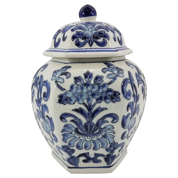 11.8" Blue and White Flower & Petals Ceramic Porcelain Ginger Jar Floral Home Decor Jar Hexagonal Vase