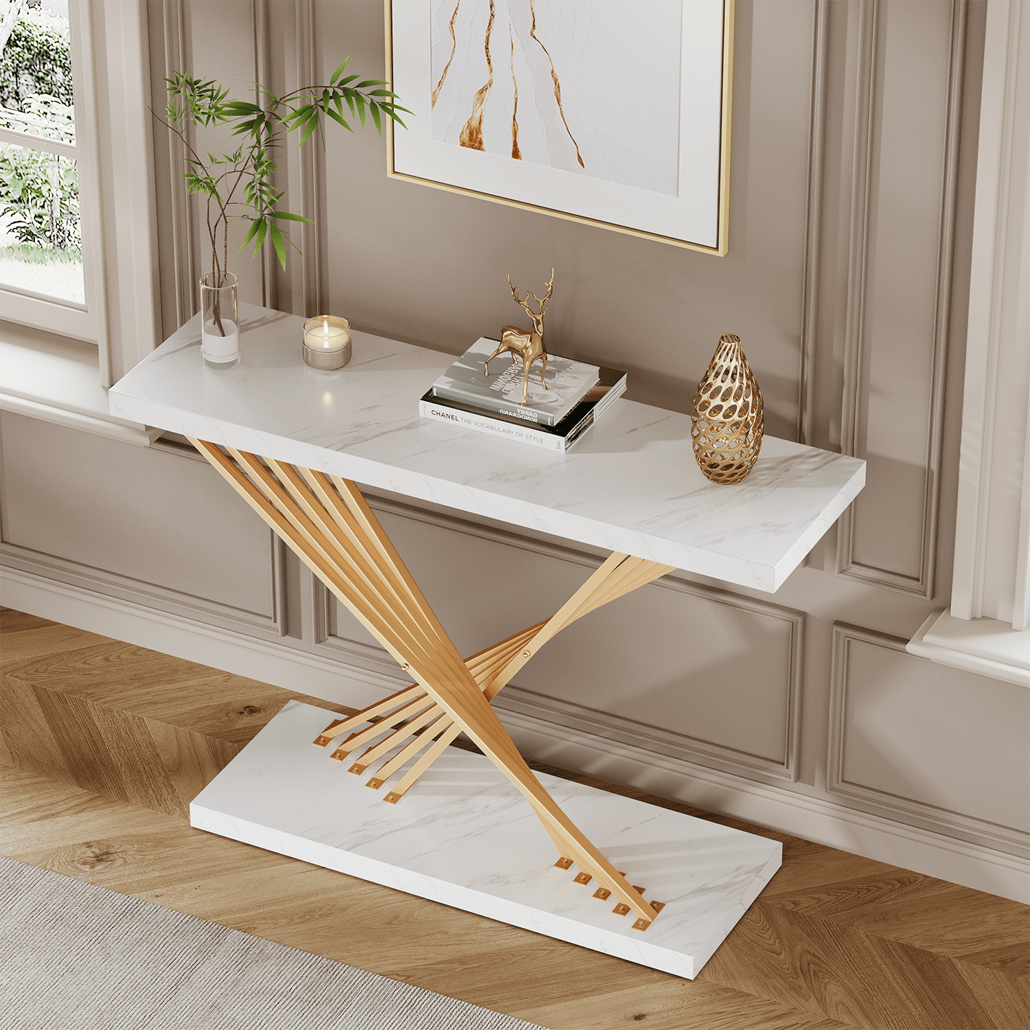 39.4 Inch Gold Console Table, White Faux Marble Modern Entryway Table Sofa Tables Behind The Couch for Entrance Hallway Living Room, X-Shape
