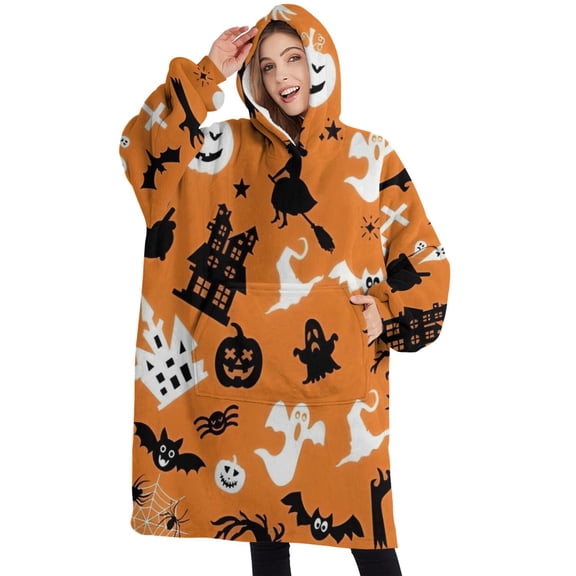 Oversized Wearable Blanket Hoodie,Classic Halloween Pattern Sherpa Blanket Hoodie with Super Pockets,Super Warm Fuzzy Pullover for Women & Men