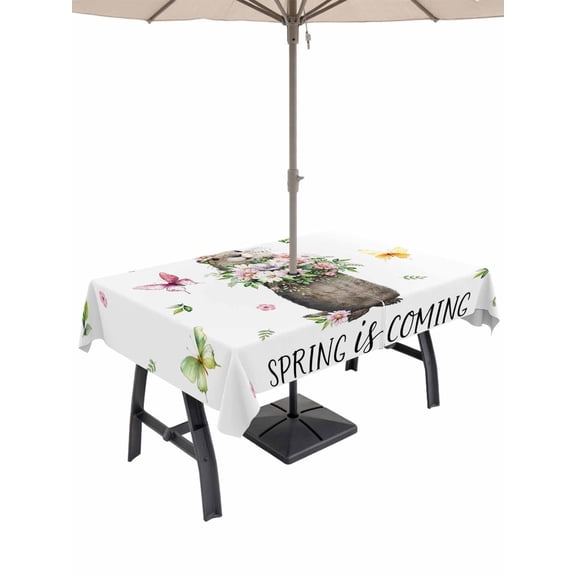 Outdoor Tablecloth with Umbrella Hole for Patio/Picnic/Party/Camping, Groundhog Waterproof Table Cloth Rectangle Table Cover Washable, Spring Floral Butterfly Botanical (52"x 70")